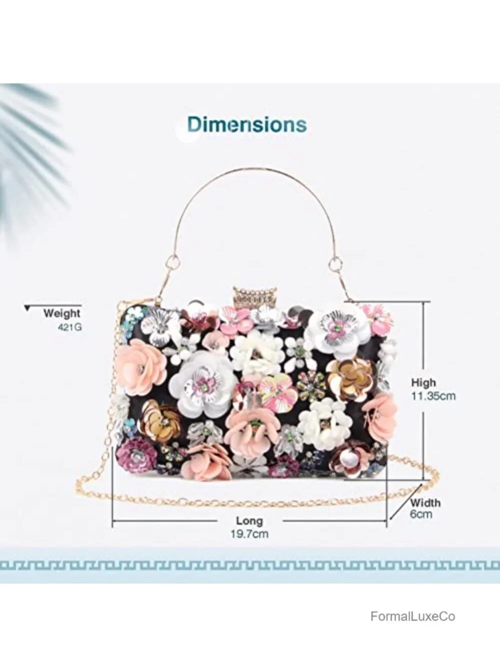 Women Clutch Evening Bag with 3D Flowers Chain Strap Shoulder